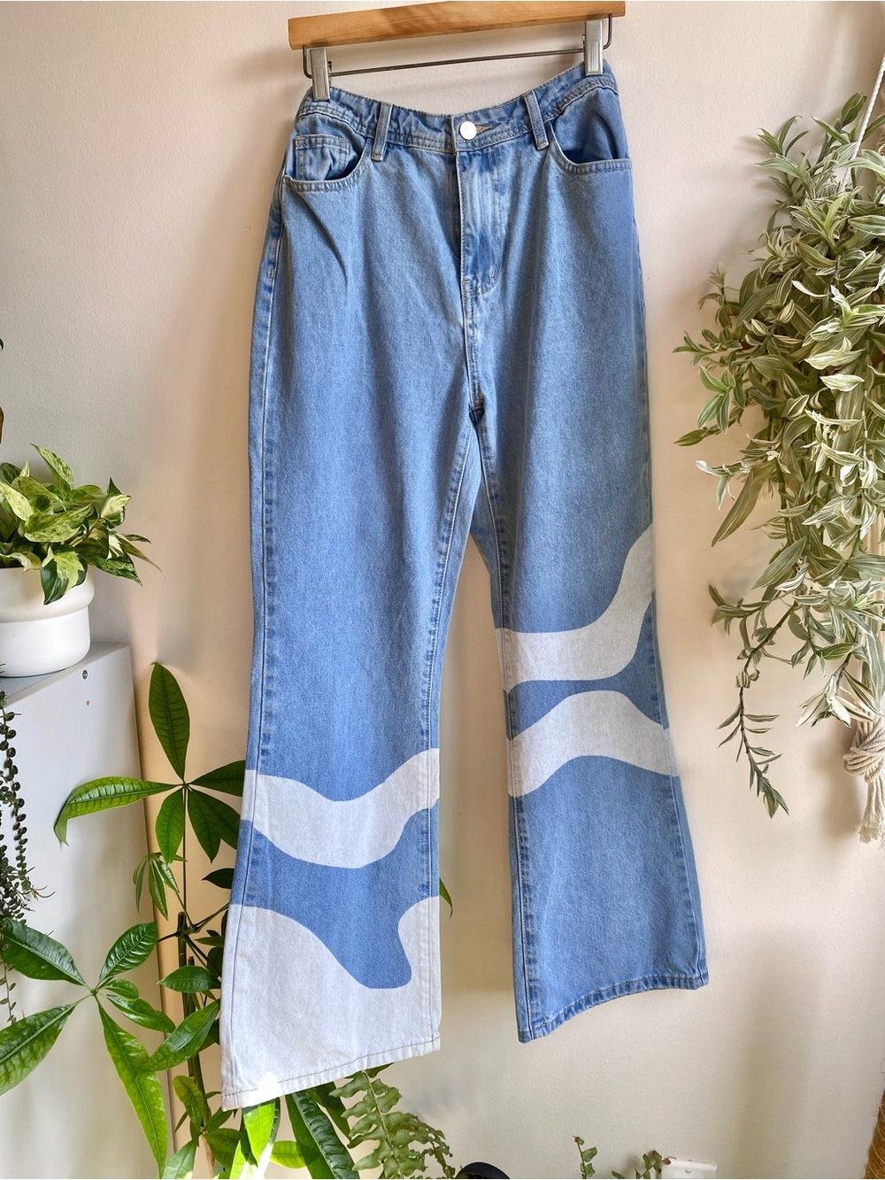 🍎 Cider Light Blue Denim Flare Jeans w. White Wave Y2K Wide Leg Boho Jnco Style